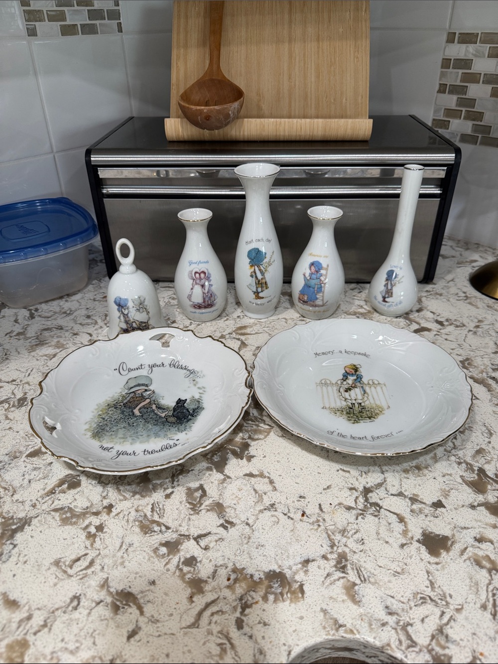 Vintage Holly Hobbie Porcelain Lot - 2 Plates & 4 Vases / Bell 1970s Gold Trim